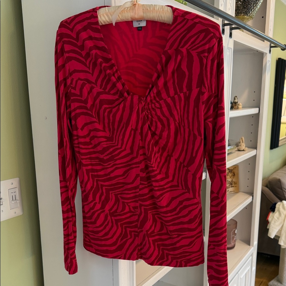 CAbi Vibrant Red Animal Print Long Sleeve Top